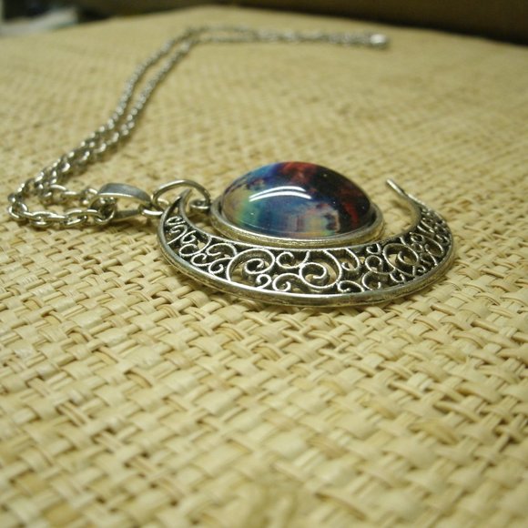 Crescent Moon with Nebula Cabochon Dangle Necklace - Picture 3 of 14